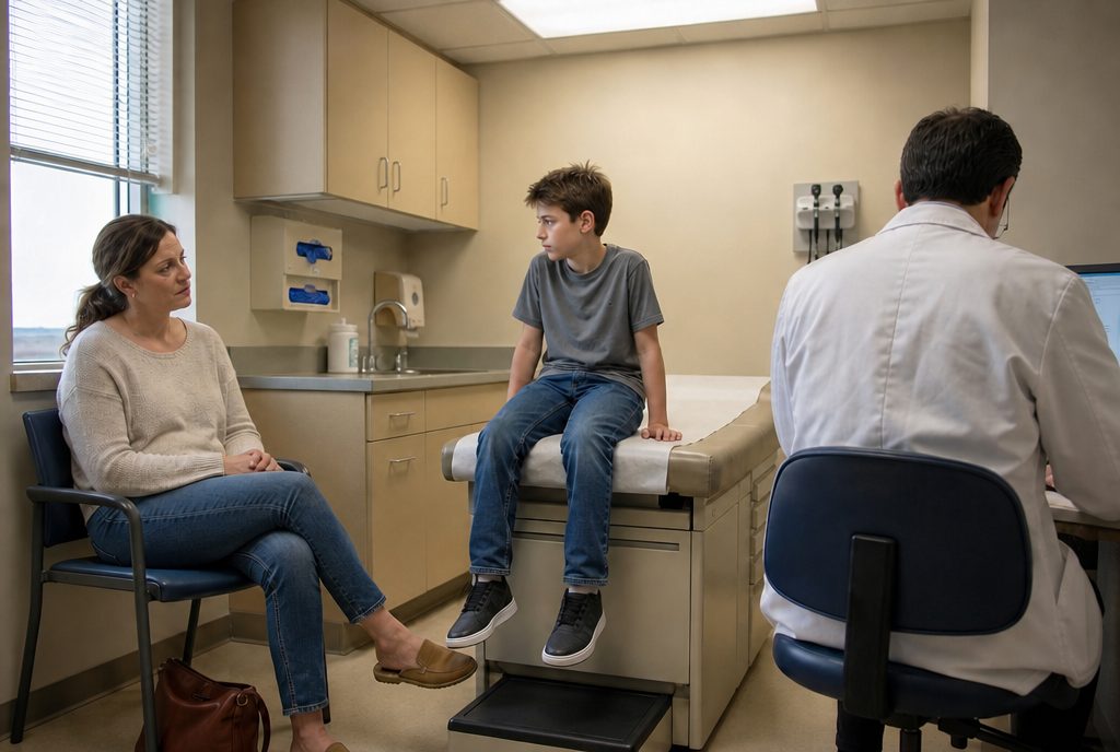 A small 12-year-old on the exam table at a pediatric checkup, his mom beside him