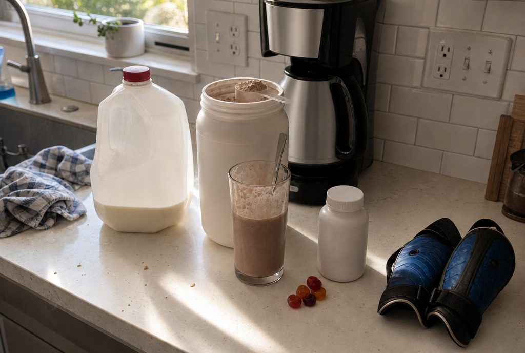 A kitchen counter with milk, protein powder, a shake and kids' gummy vitamins