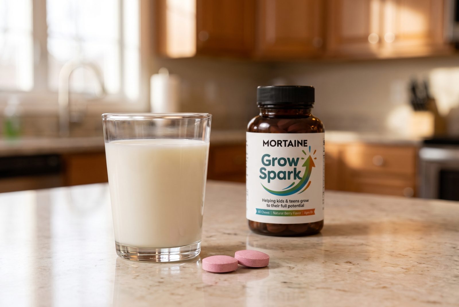 A glass of milk and two Grow Spark chewable tablets