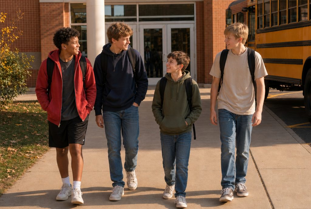 A boy walking out of school, shorter than his friends