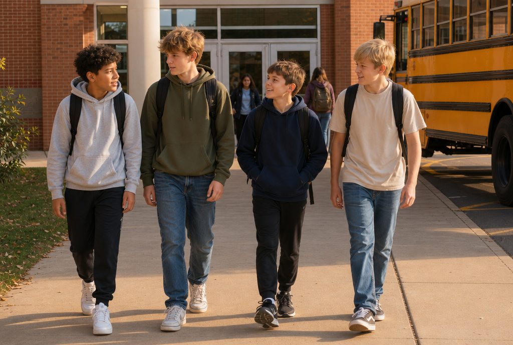 The same boy a year later, in the middle of his friends