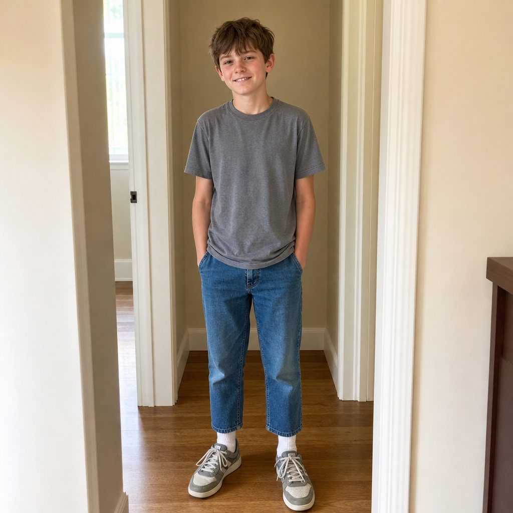 A boy in jeans a little short at the ankle