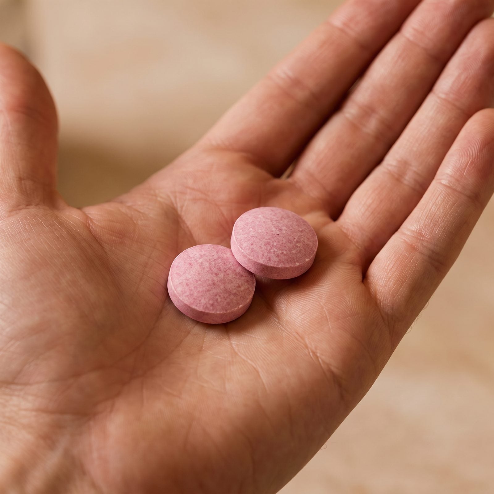 Two Grow Spark chewable tablets in a palm