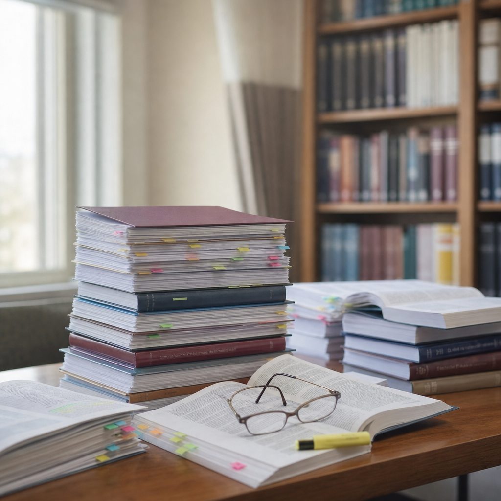 A research desk piled with studies and journals