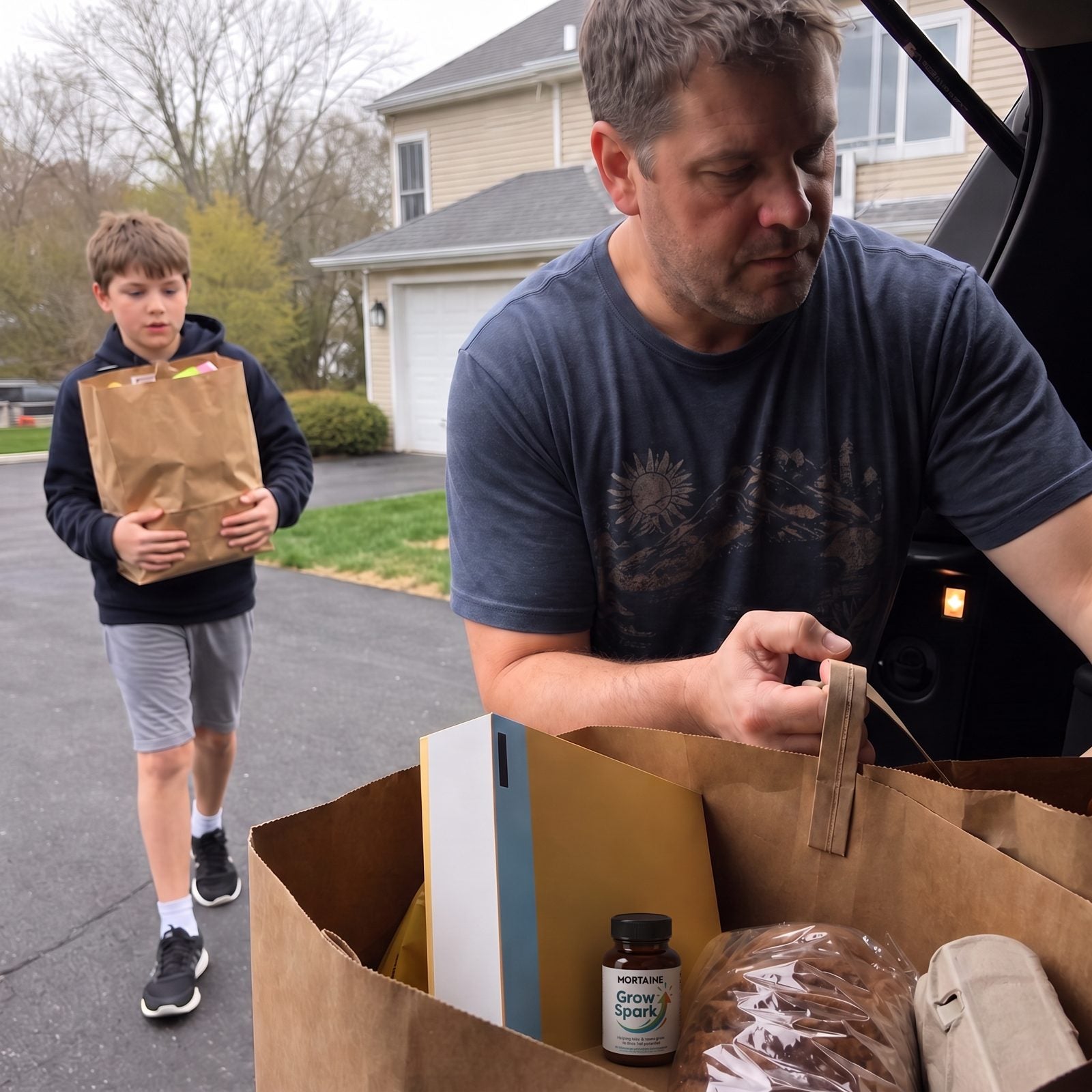 A dad and his son with Grow Spark in the driveway