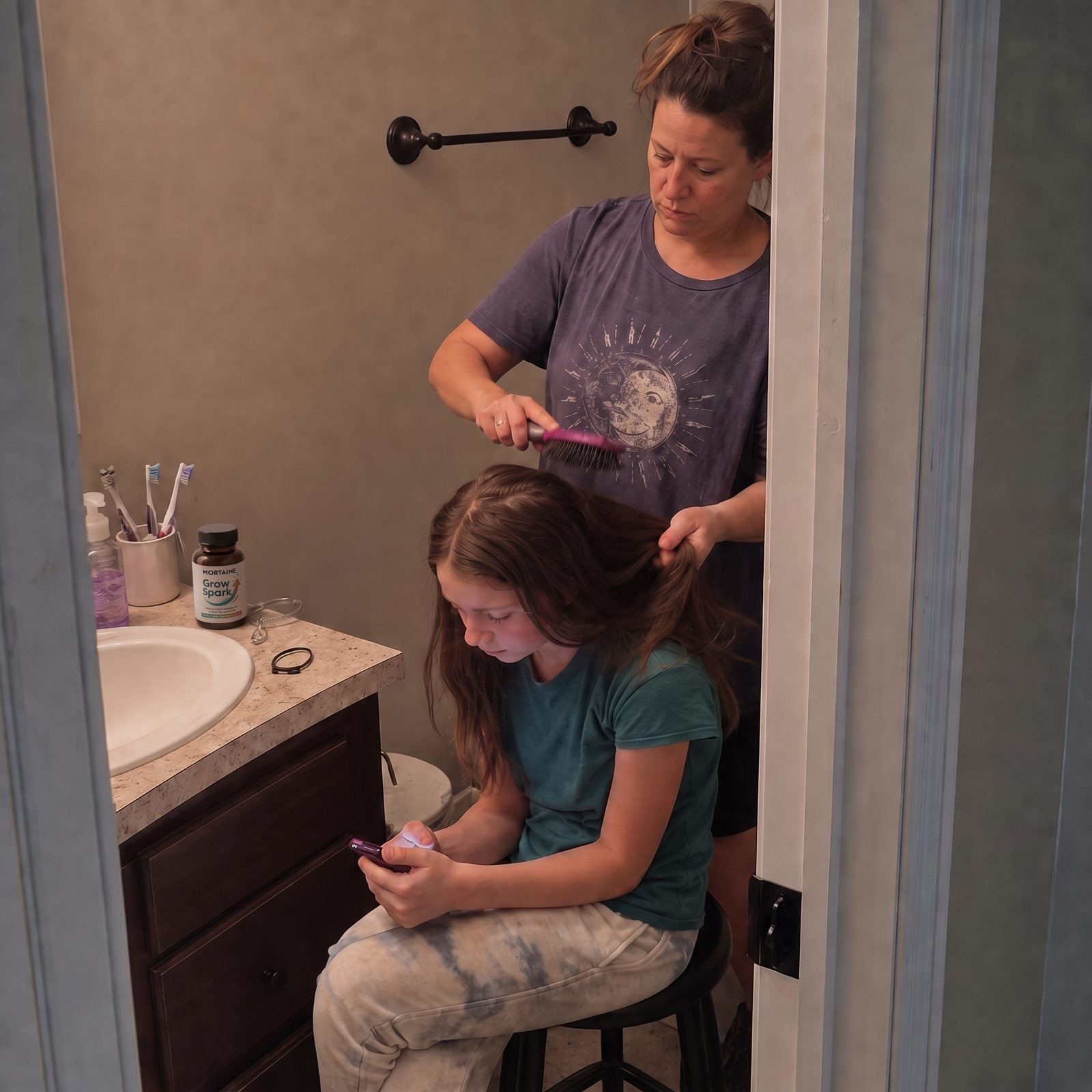 A mom and her daughter holding Grow Spark on the sofa