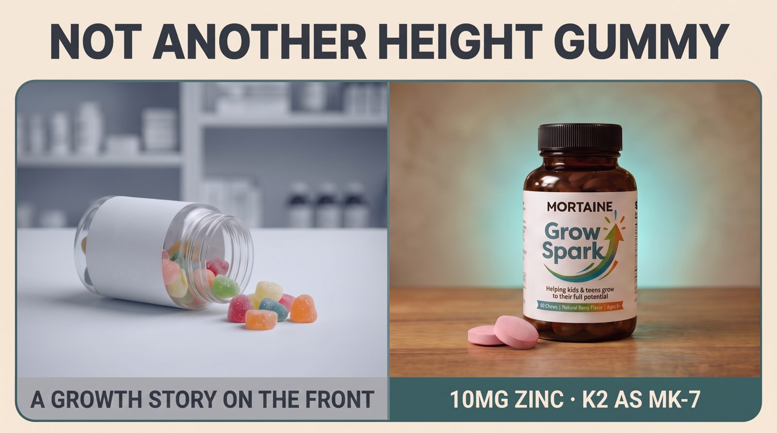 A typical height gummy next to Grow Spark, whose label prints 10mg zinc and K2 as MK-7
