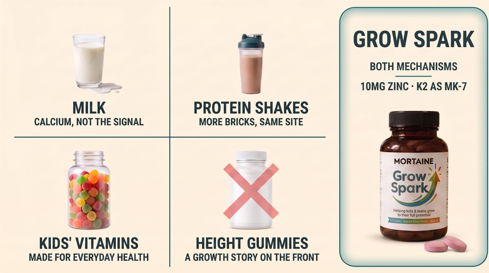 Grow Spark next to milk, protein shakes, kids' vitamins and height gummies